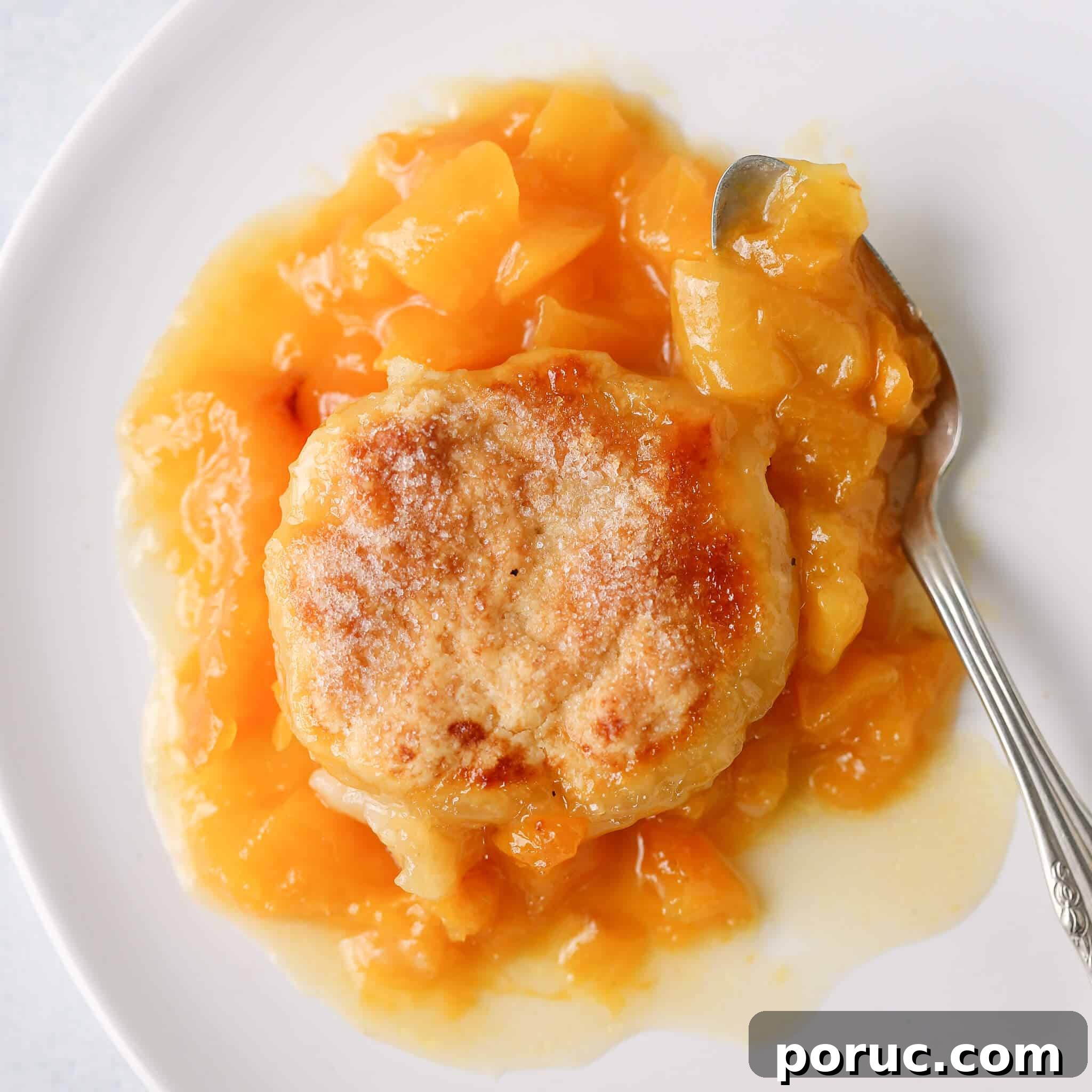 Old Fashioned Peach Cobbler on white plate with vintage spoon