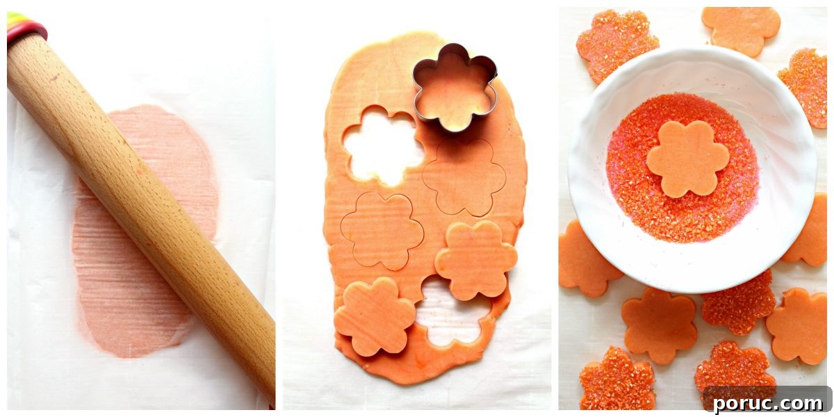 Jam-Filled Butter Cookies Recipe: Crispy, Buttery Thumbprints 4 Instructions photos: rolling out dough, cutting shapes, dipping in colored sugar.