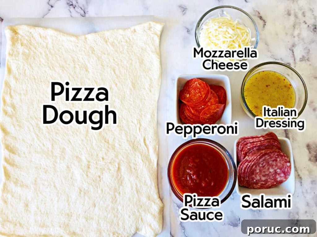 Authentic Italian Stromboli Recipe: Crispy, Flavor-Packed Roll 3 Ingredients to make semi-homemade Italian Stromboli recipe with text labels.