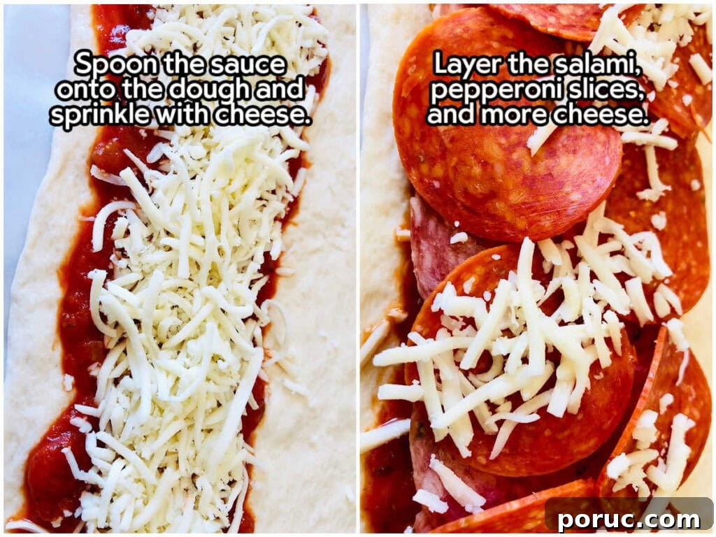 Authentic Italian Stromboli Recipe: Crispy, Flavor-Packed Roll 4 Two photo collage of topping the dough with sauce and cheese and adding the salami and pepperoni slices with text overlay.