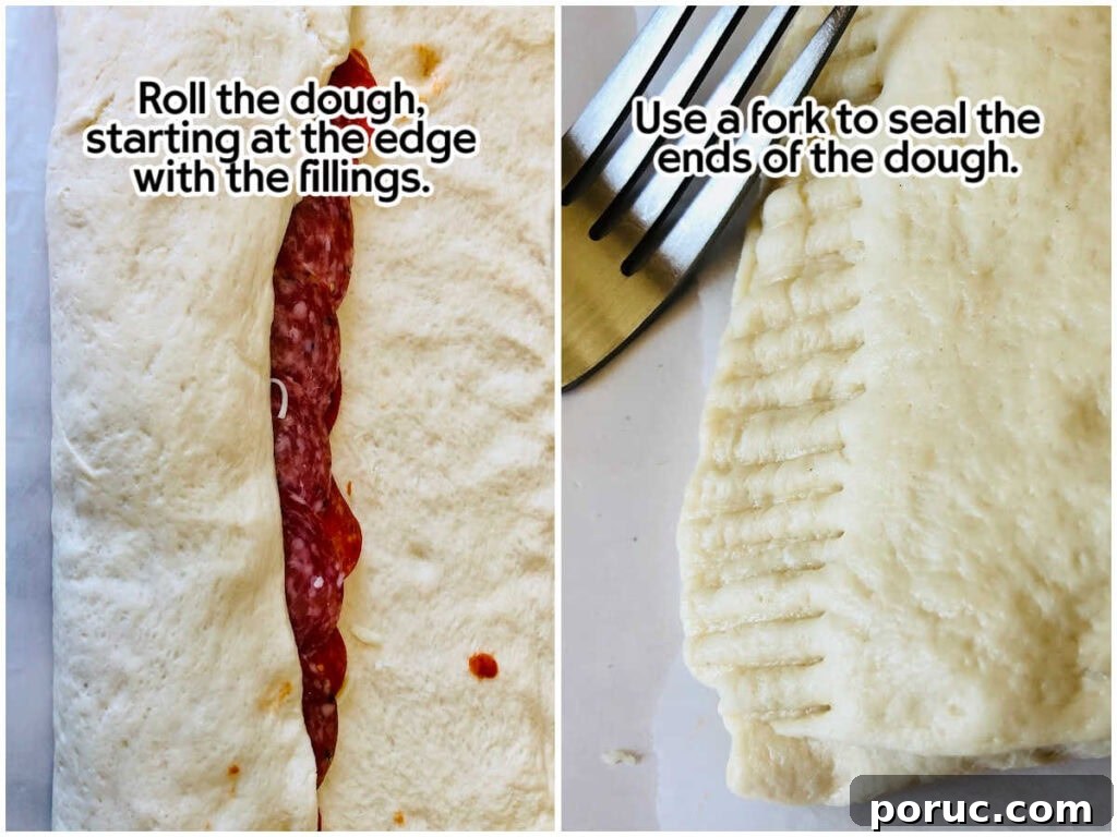 Authentic Italian Stromboli Recipe: Crispy, Flavor-Packed Roll 5 Two photo collage of rolling the filled pizza dough and sealing the dough ends with a fork with text overlay.