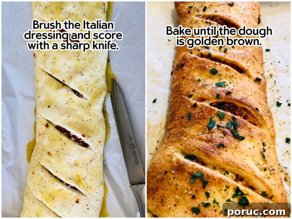 Authentic Italian Stromboli Recipe: Crispy, Flavor-Packed Roll 6 Two photo collage of brushing on the Italian dressing and scoring the dough and the stromboli after it's cooked with text overlay.