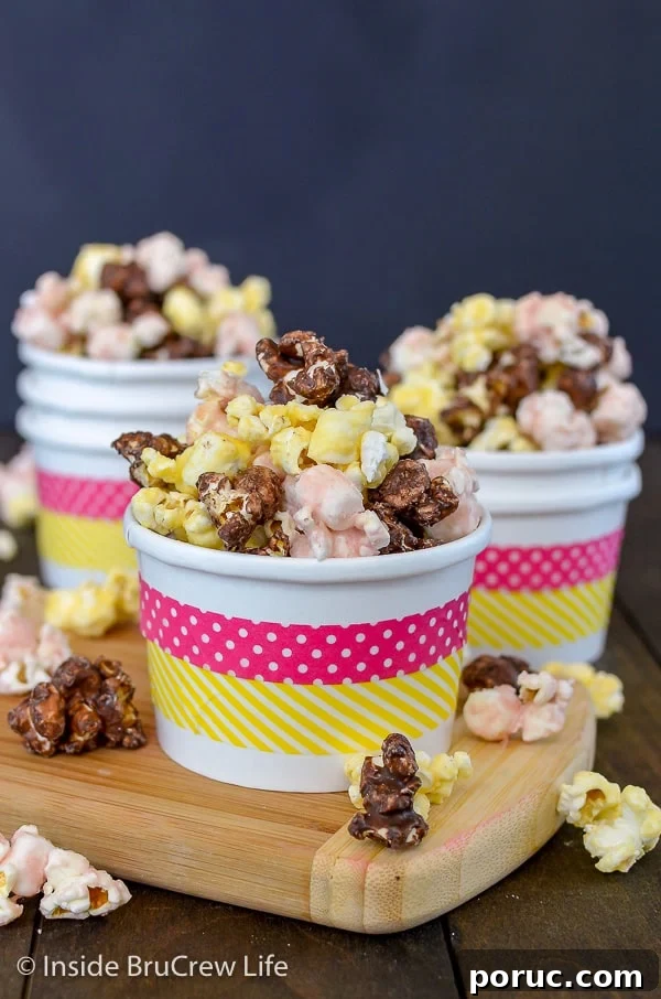 Banana Split Popcorn - adding banana, strawberry, and chocolate to this easy popcorn recipe makes a delicious snack mix. Enjoy this easy chocolate covered popcorn for movie or game nights. Three white bowls with pink and yellow stripes filled with banana split popcorn