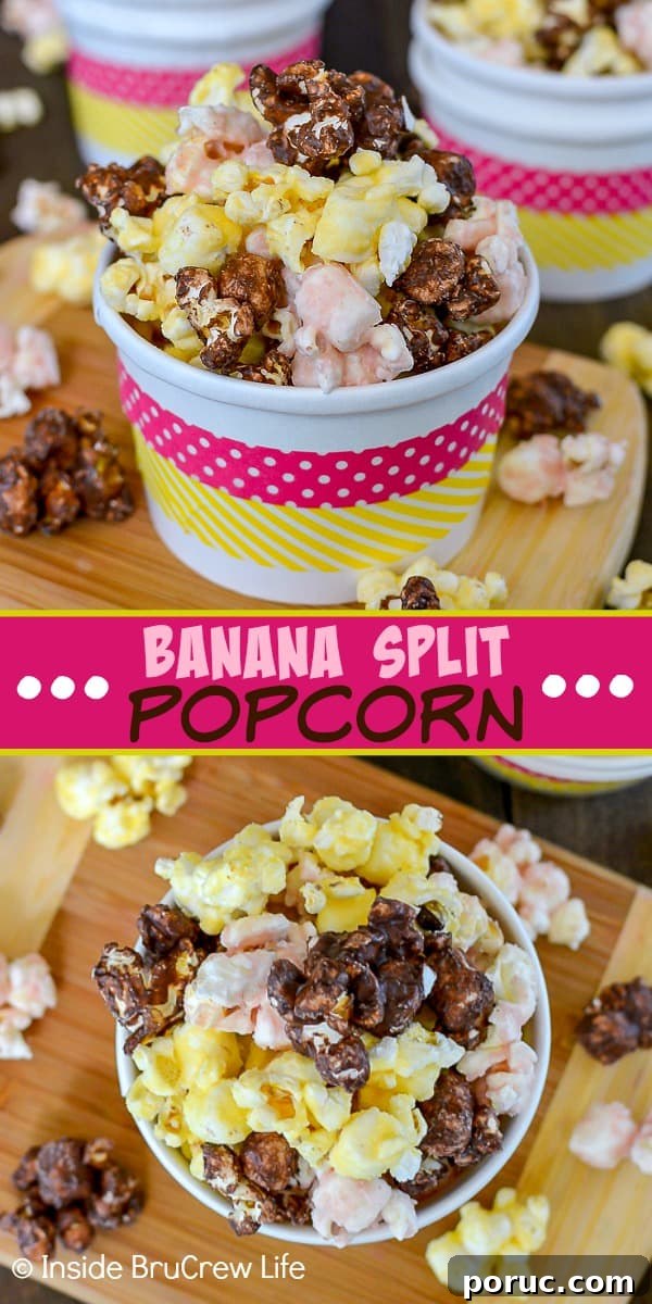 Banana Split Popcorn - banana, chocolate, and strawberry make this chocolate covered popcorn a fun no bake treat to make any time. Great recipe for movie or game nights. Two pictures of chocolate, strawberry, and banana popcorn and a pink block with text in the middle