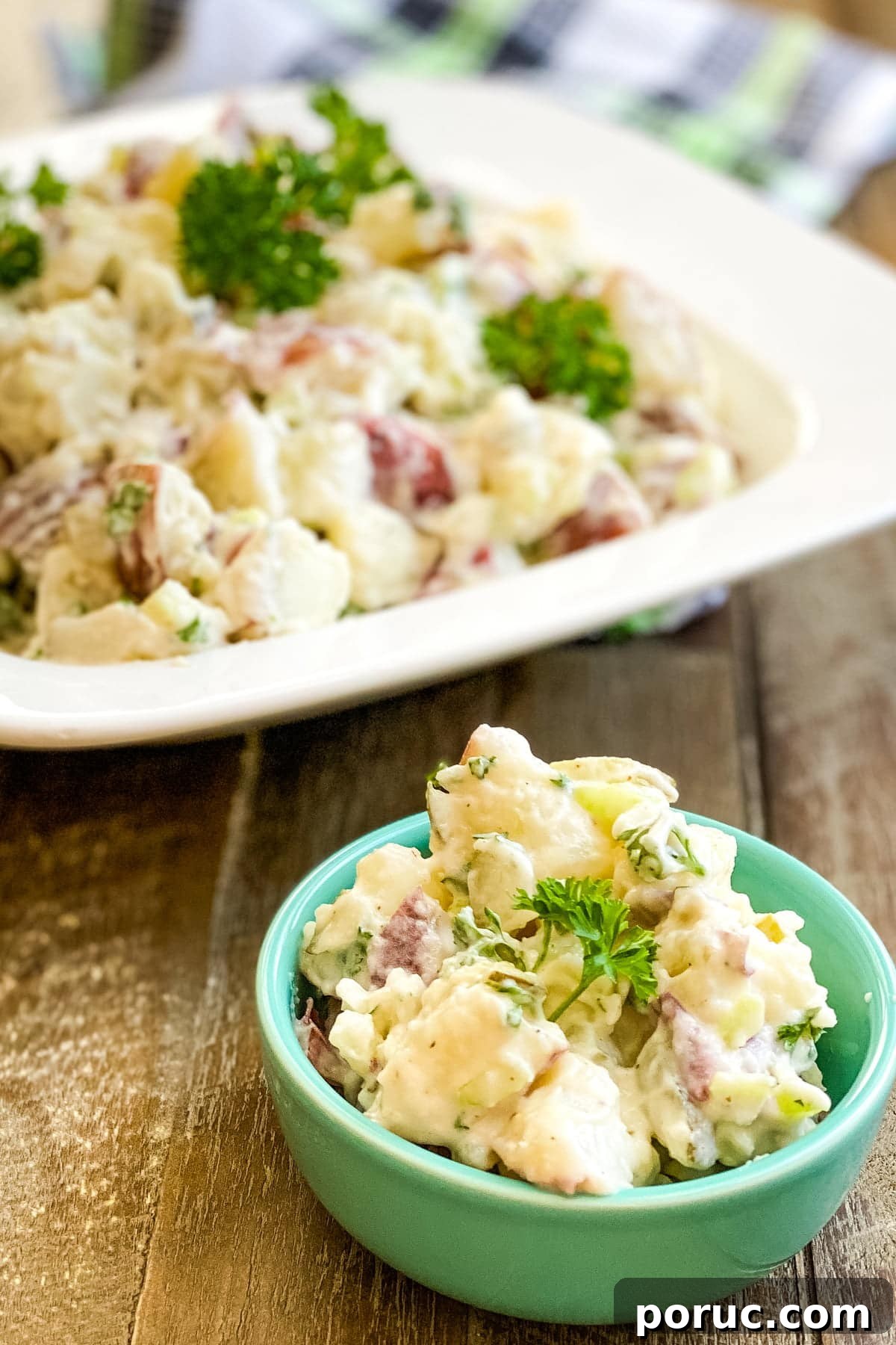 Homestyle Red Potato Salad with Dill Pickles and Creamy Dill Dressing 3 large bowl of creamy red potato salad with dill pickles and a small serving