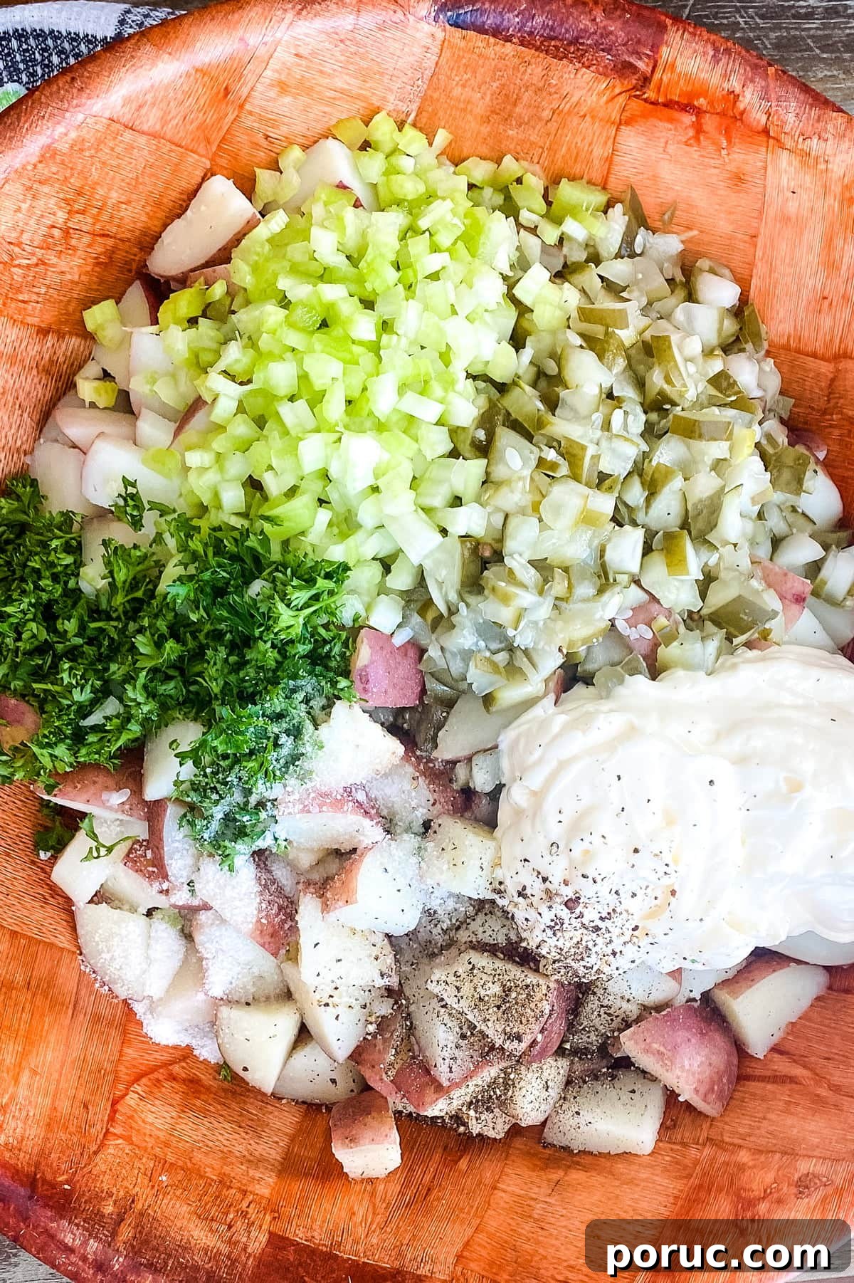 Homestyle Red Potato Salad with Dill Pickles and Creamy Dill Dressing 4 red potatoes, celery, mayonnaise, dill pickles, parsley, kosher salt and pepper