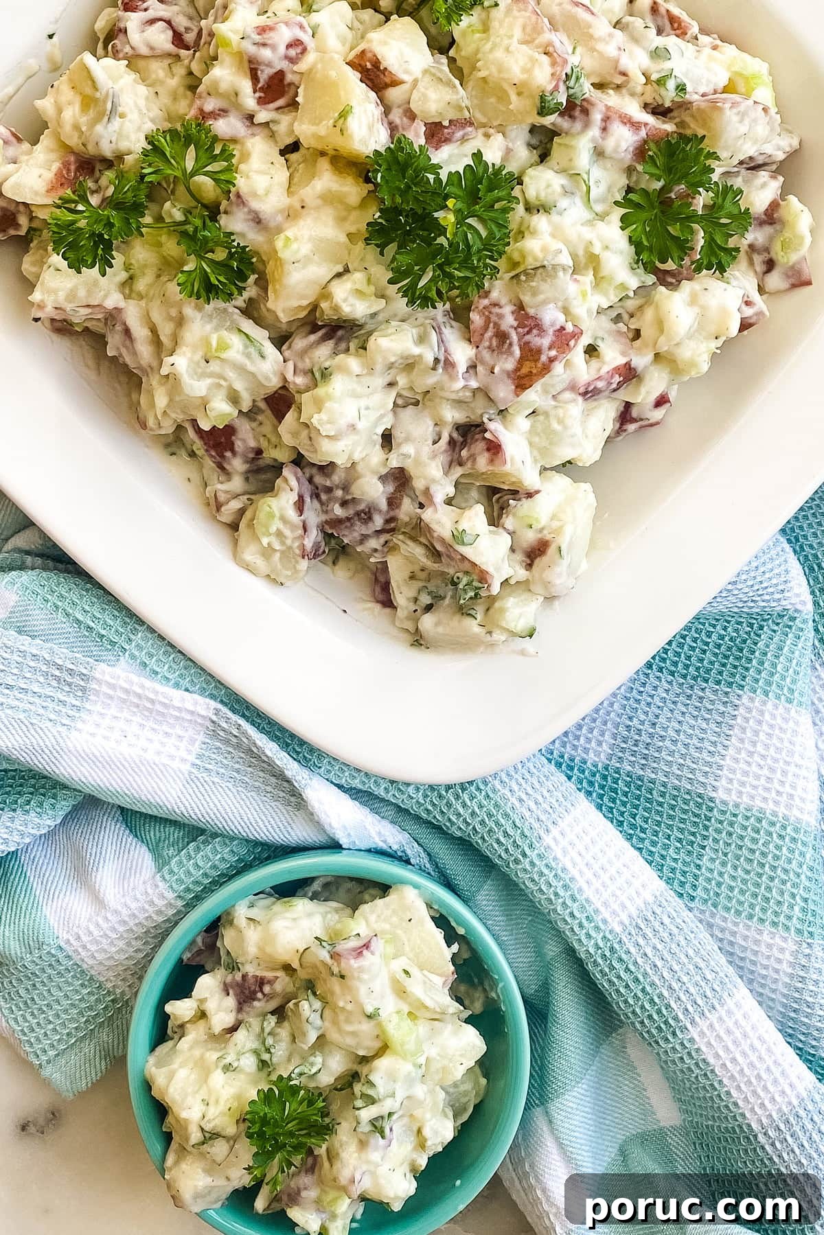 Homestyle Red Potato Salad with Dill Pickles and Creamy Dill Dressing 5 close up of a delicious barbecue side dish with potatoes and dill pickles
