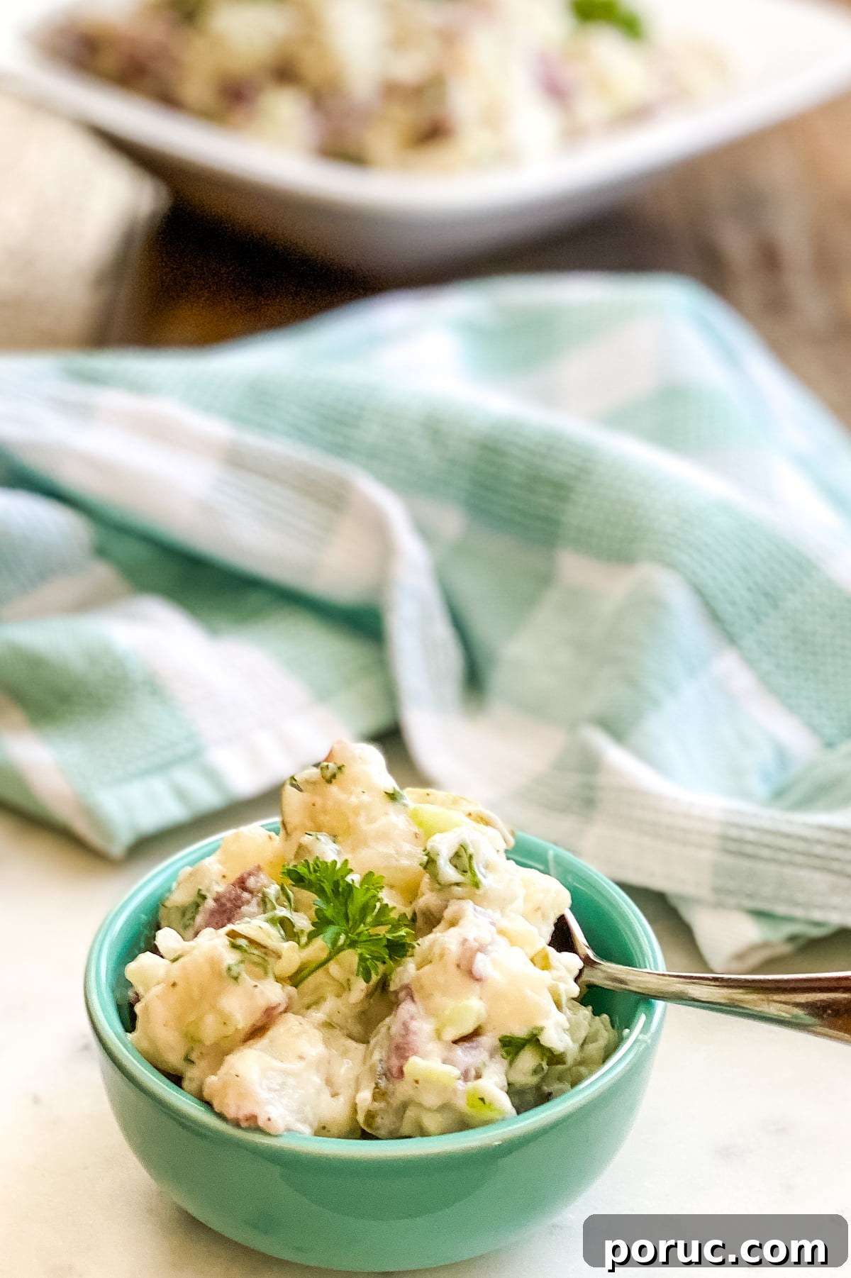 Homestyle Red Potato Salad with Dill Pickles and Creamy Dill Dressing 6 a small bowl of creamy potato salad
