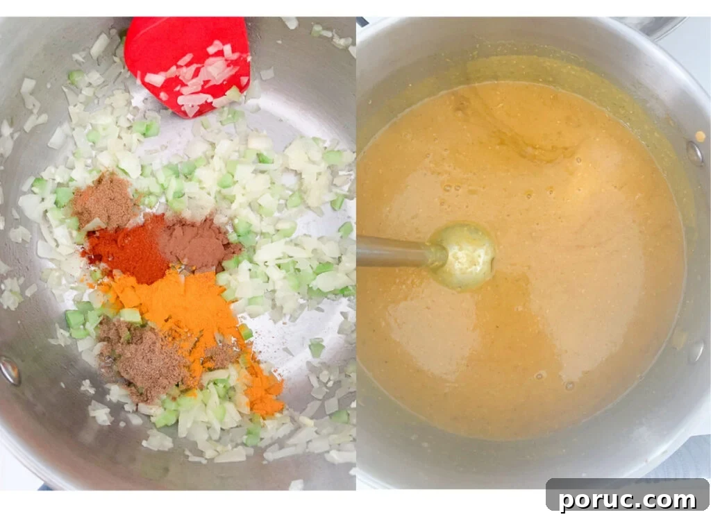 a photo collage showing the spices and vegatables being sauteed and the soup being blended