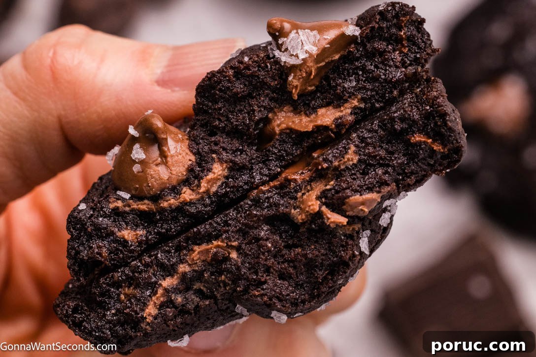 Triple Chocolate Cookies broken in half