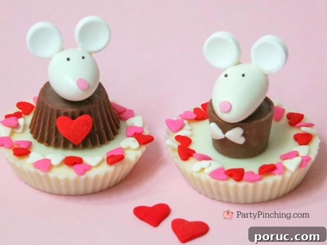 Candy Sweetheart Mice Treats: How to Make Valentine Candy Mice 3 Candy Sweetheart Mice, Valentine Peanut Butter Cups, Cute Valentine Dessert, Easy Valentine's Day Dessert, Best Valentine's Day Recipes