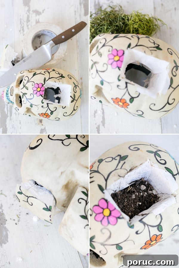 top down shot of hole being cut into styrofoam skull