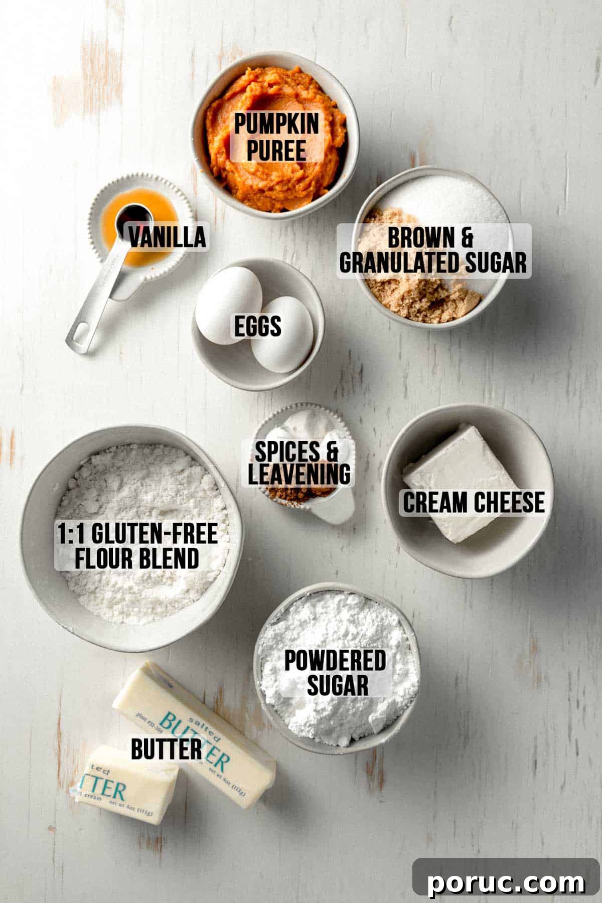 Gluten-Free Pumpkin Cream Pie Recipe for Fall Gatherings 3 Ingredients measured out in bowls on a white wooden surface.