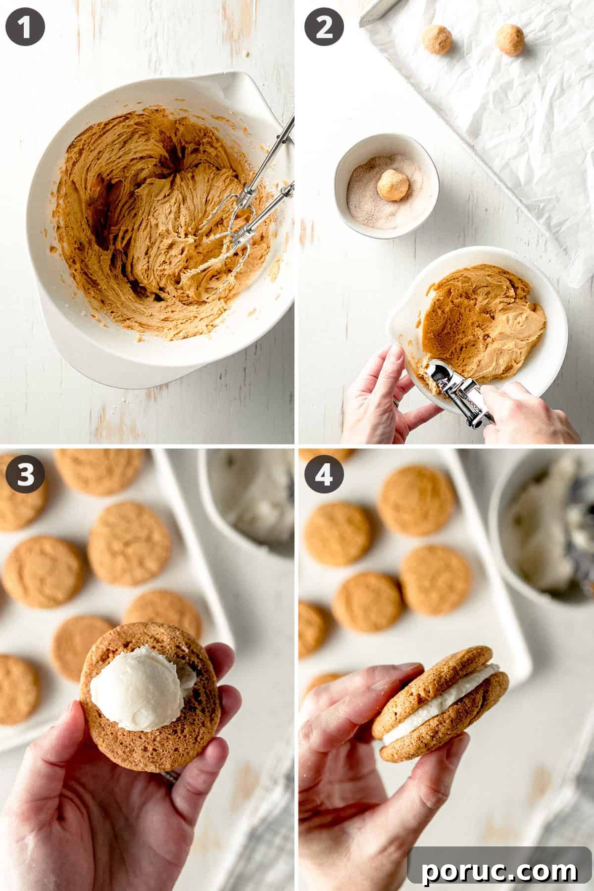 Gluten-Free Pumpkin Cream Pie Recipe for Fall Gatherings 4 1. Cookie batter in a bowl. 2. Rolling out cookies 3. A dollop of frosting on a cookie 4. Pressing two cookies together to spread out the frosting in between.