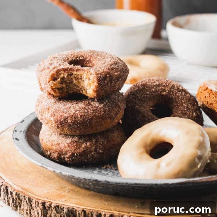 Apple cider donuts stacked in an old enamel pie pan.