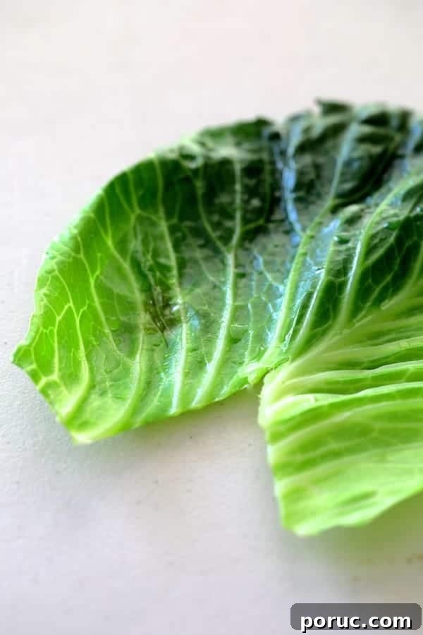 Spicy Asian Pork and Cabbage Rolls with Ginger-Soy Glaze 4 Photo of cooked cabbage leaf with V-Shape cut out of the bottom.