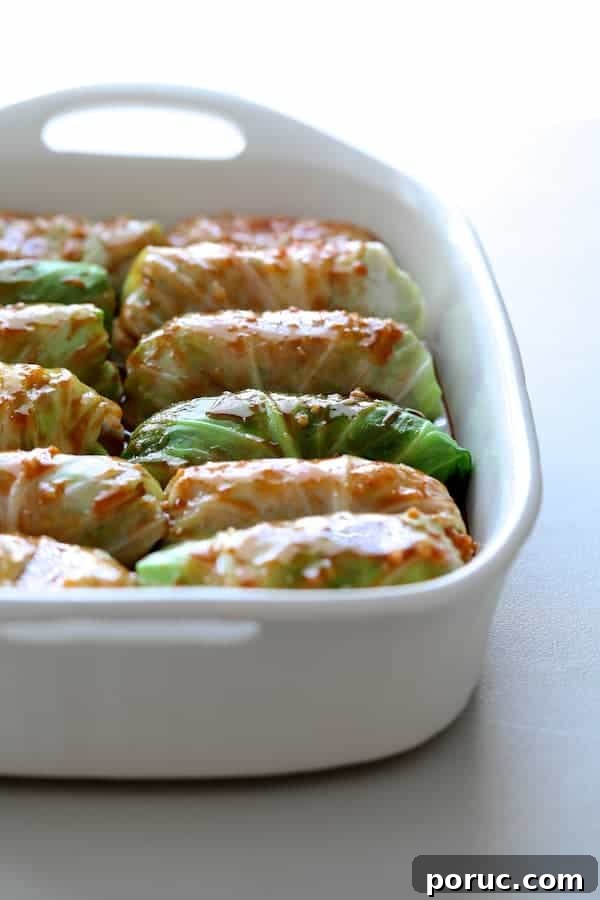 Spicy Asian Pork and Cabbage Rolls with Ginger-Soy Glaze 6 Photo of uncooked cabbage rolls in white baking pan with sauce drizzled over the top.