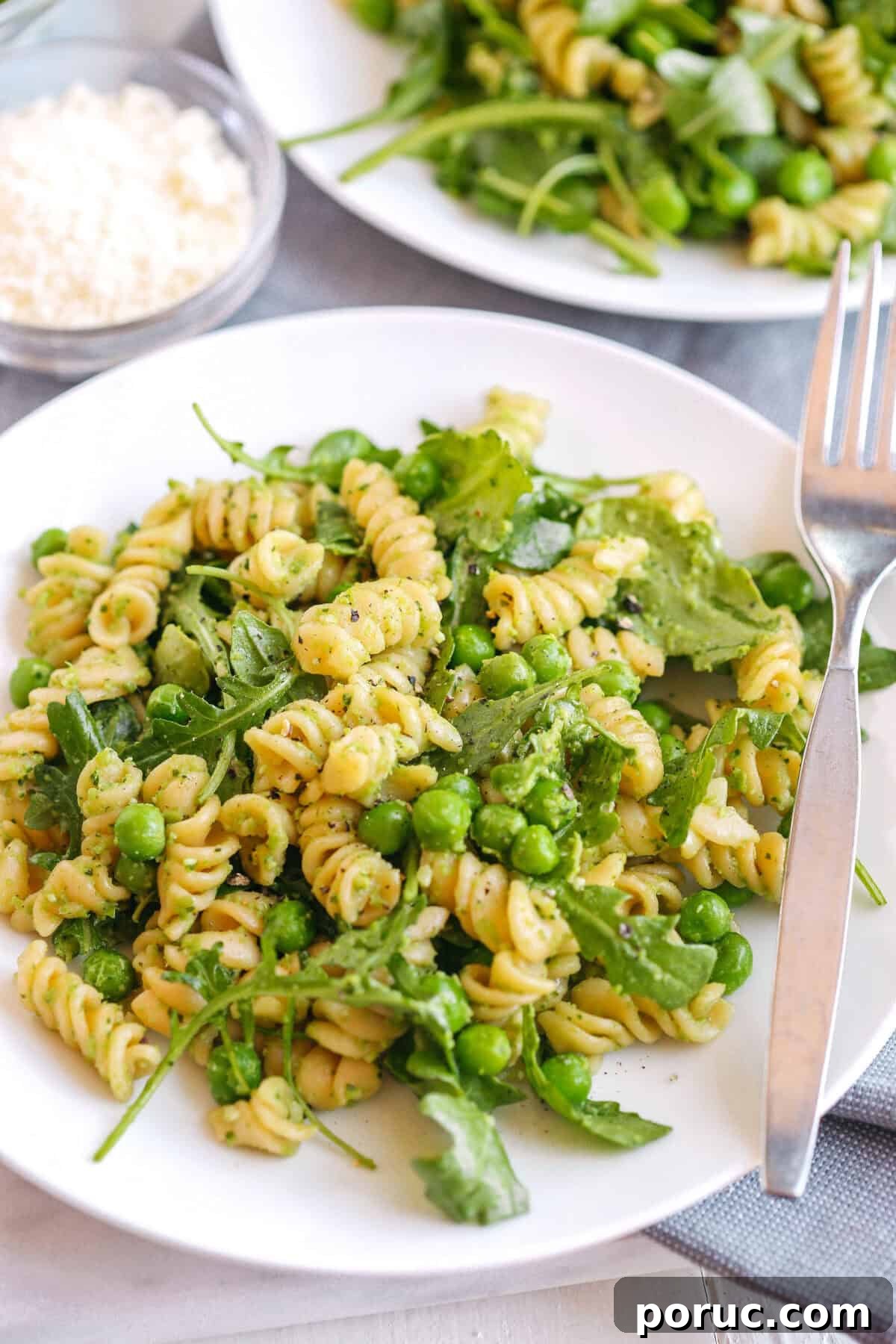 Pea & Arugula Pesto Pasta Salad with Lemon and Parmesan 5 Pea and Arugula Pesto Pasta Salad served