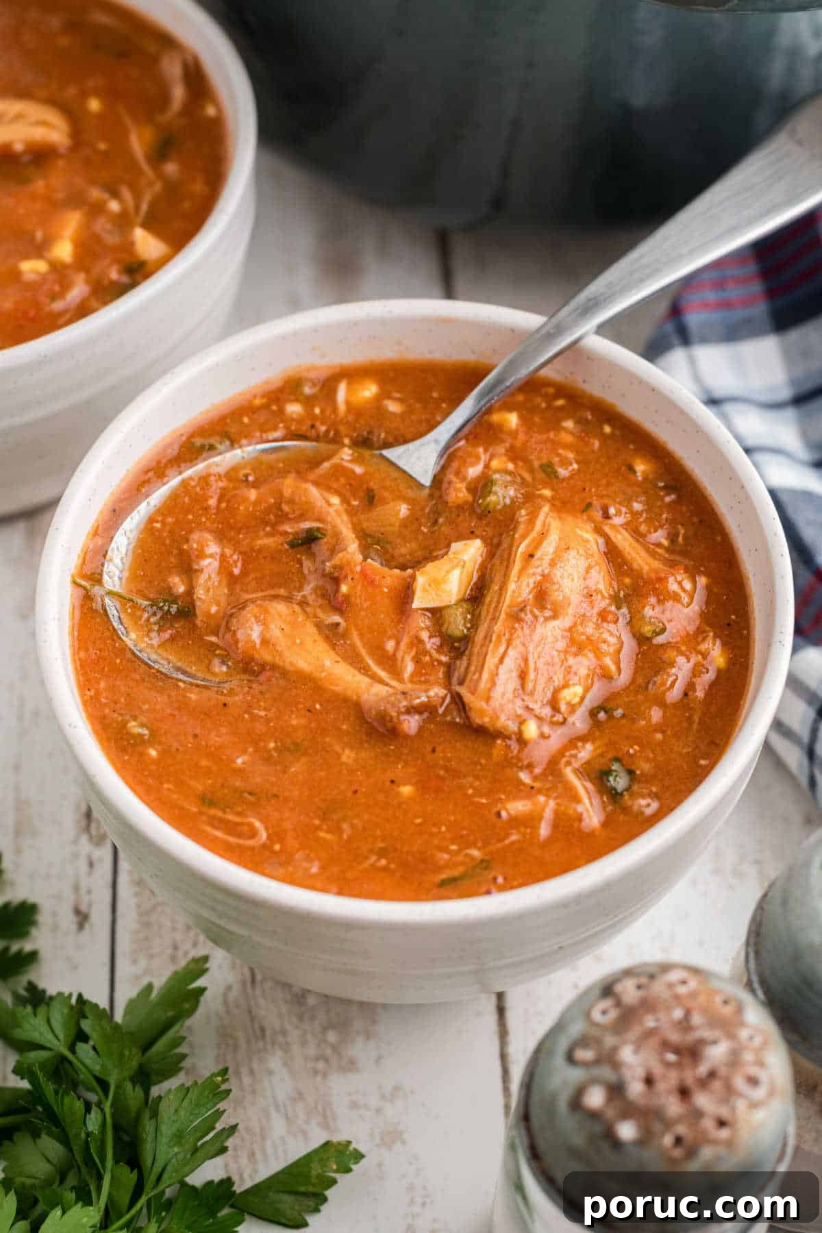 Authentic Louisiana Turtle Soup Recipe – Classic Creole Flavor 8 A ceramic bowl filled with turtle soup, with a spoon digging in.