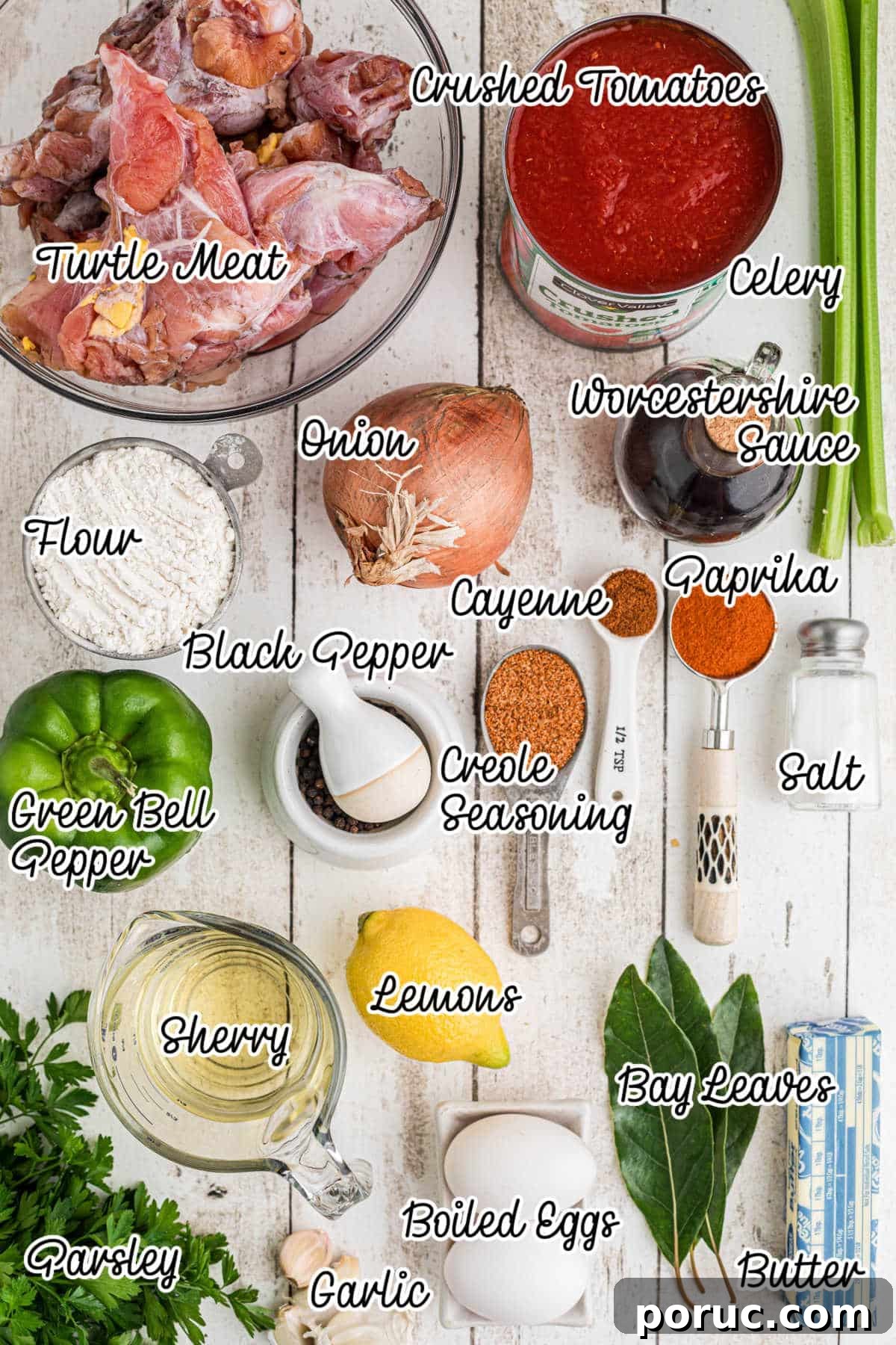 Authentic Louisiana Turtle Soup Recipe – Classic Creole Flavor 3 Overhead image of some ingredients that are needed to make a Creole Turtle soup, with text overlay.