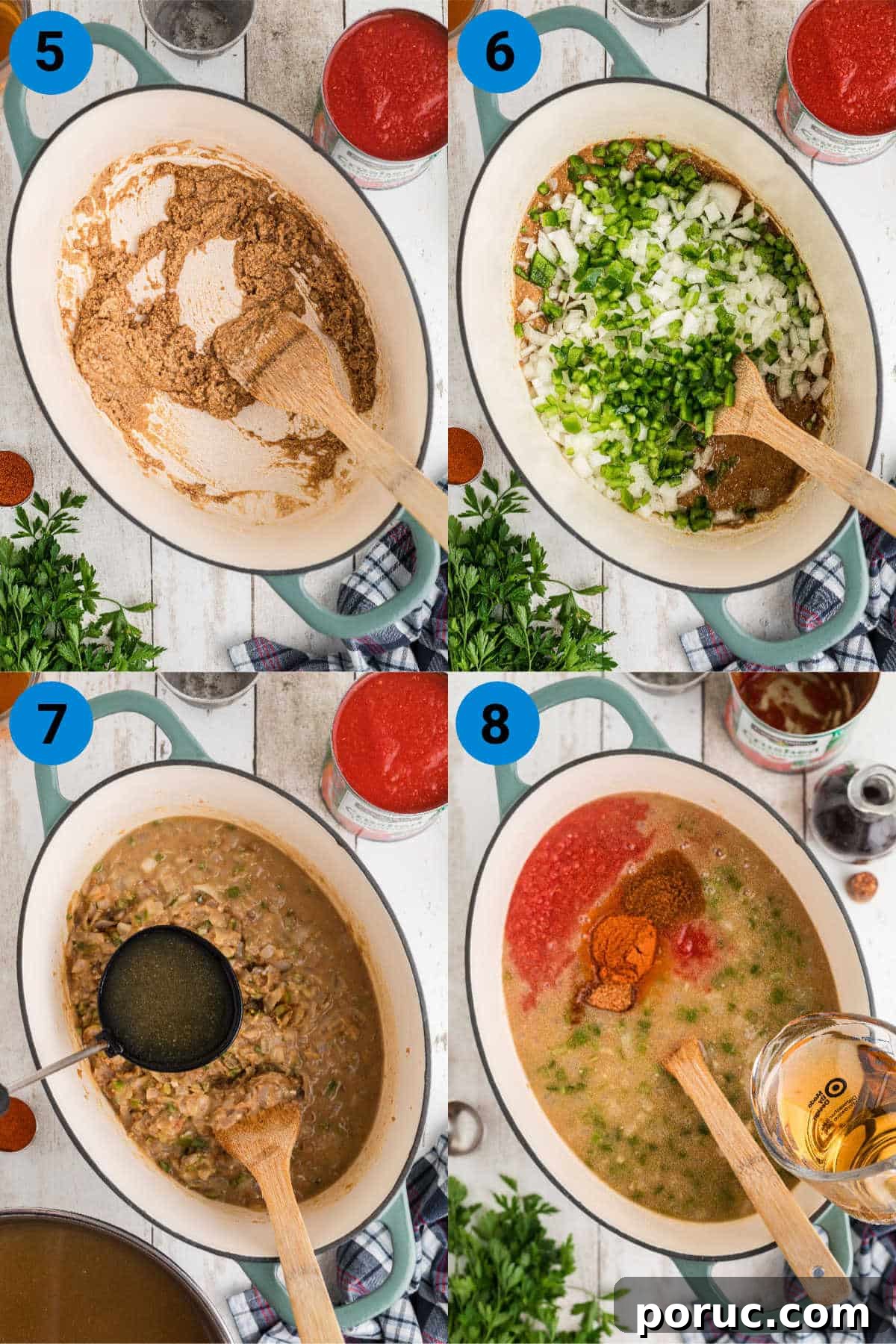 Authentic Louisiana Turtle Soup Recipe – Classic Creole Flavor 5 A collage of four images showing how to make turtle soup, recipe steps 5 through 8.