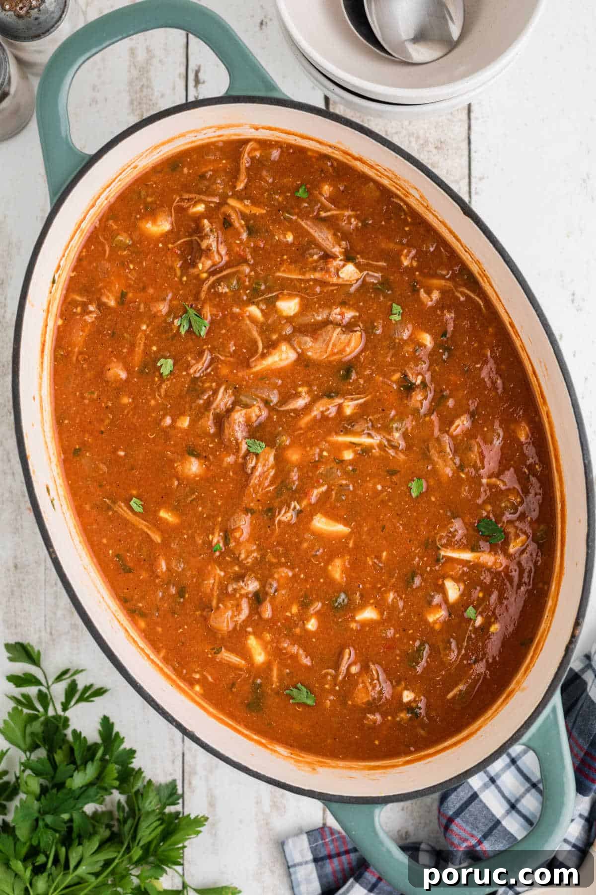 Authentic Louisiana Turtle Soup Recipe – Classic Creole Flavor 7 Overhead shot of an oval shaped pot full of turtle soup.