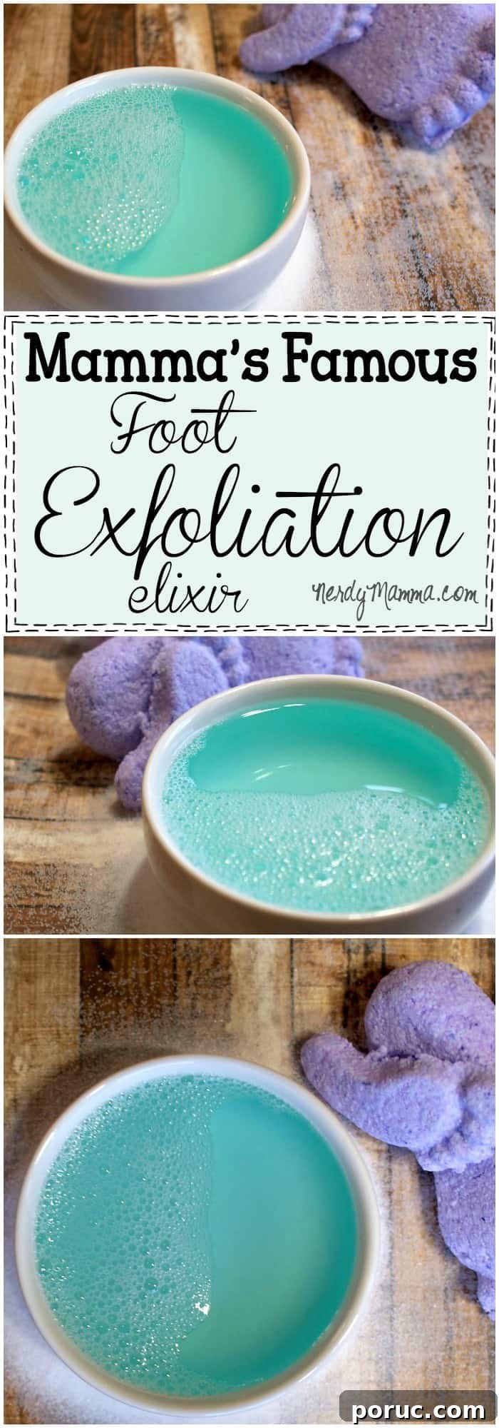 Mamma’s Famous Foot Exfoliation Elixir — Natural Foot Peel Recipe 5 A bowl of vibrant blue foaming liquid next to a purple exfoliating scrub, showcasing a homemade foot exfoliation elixir on a wooden surface.