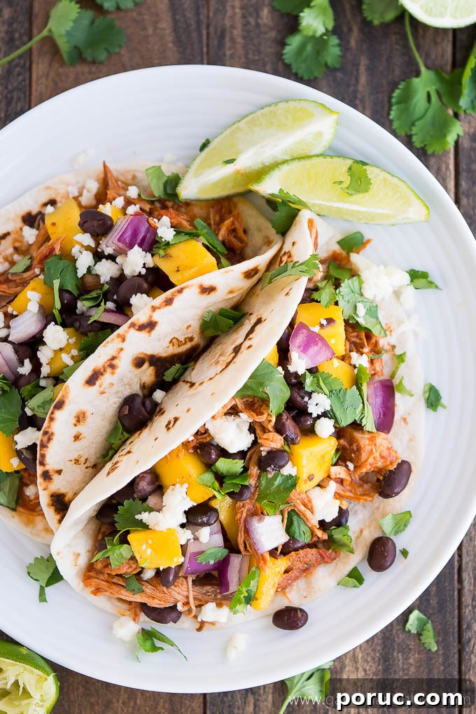 14-Day Family Meal Plan: Week 145 Dinner & Lunch Ideas 3 Easy slow-cooker Chipotle Pork Tacos with mango salsa on top are the perfect summer blend of sweet and spicy!