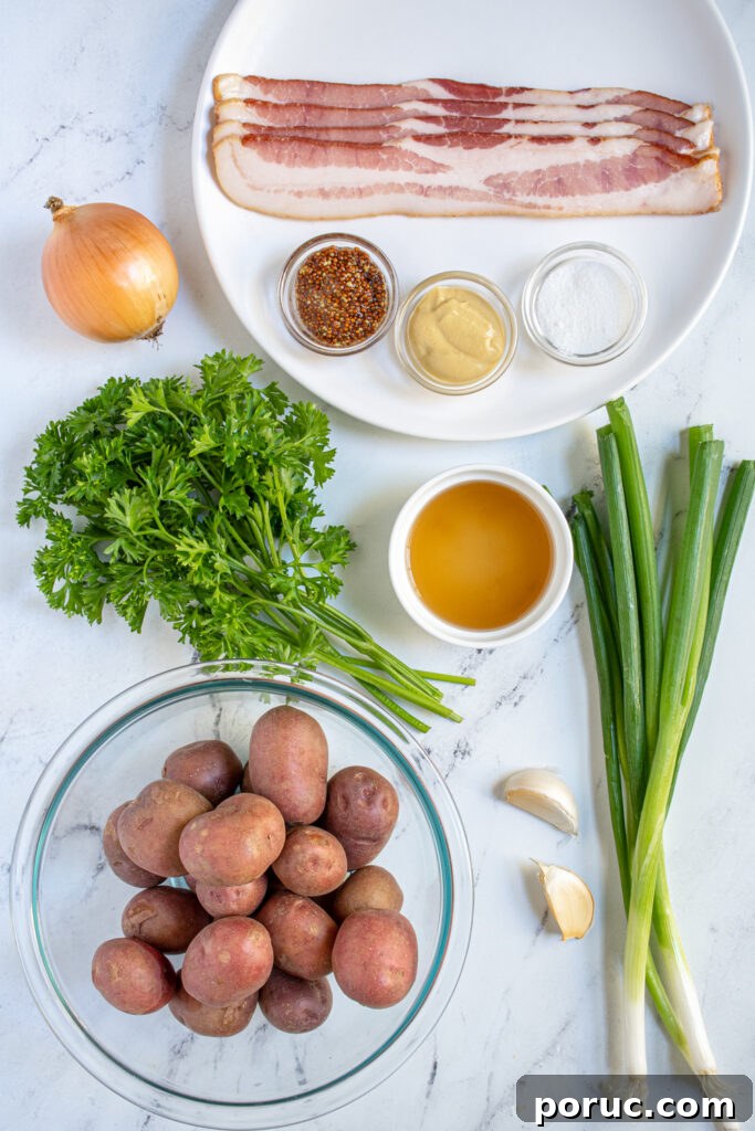 Ingredients from making homemade German potato salad laid out on a countertop.