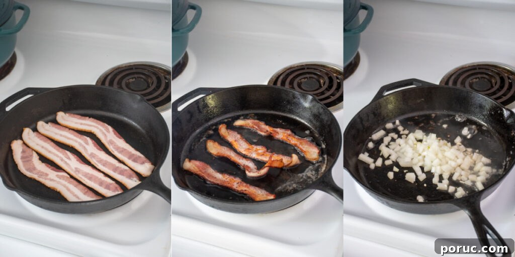 Steps to make German potato salad showing cooking bacon on a skillet and then diced onions and garlic.
