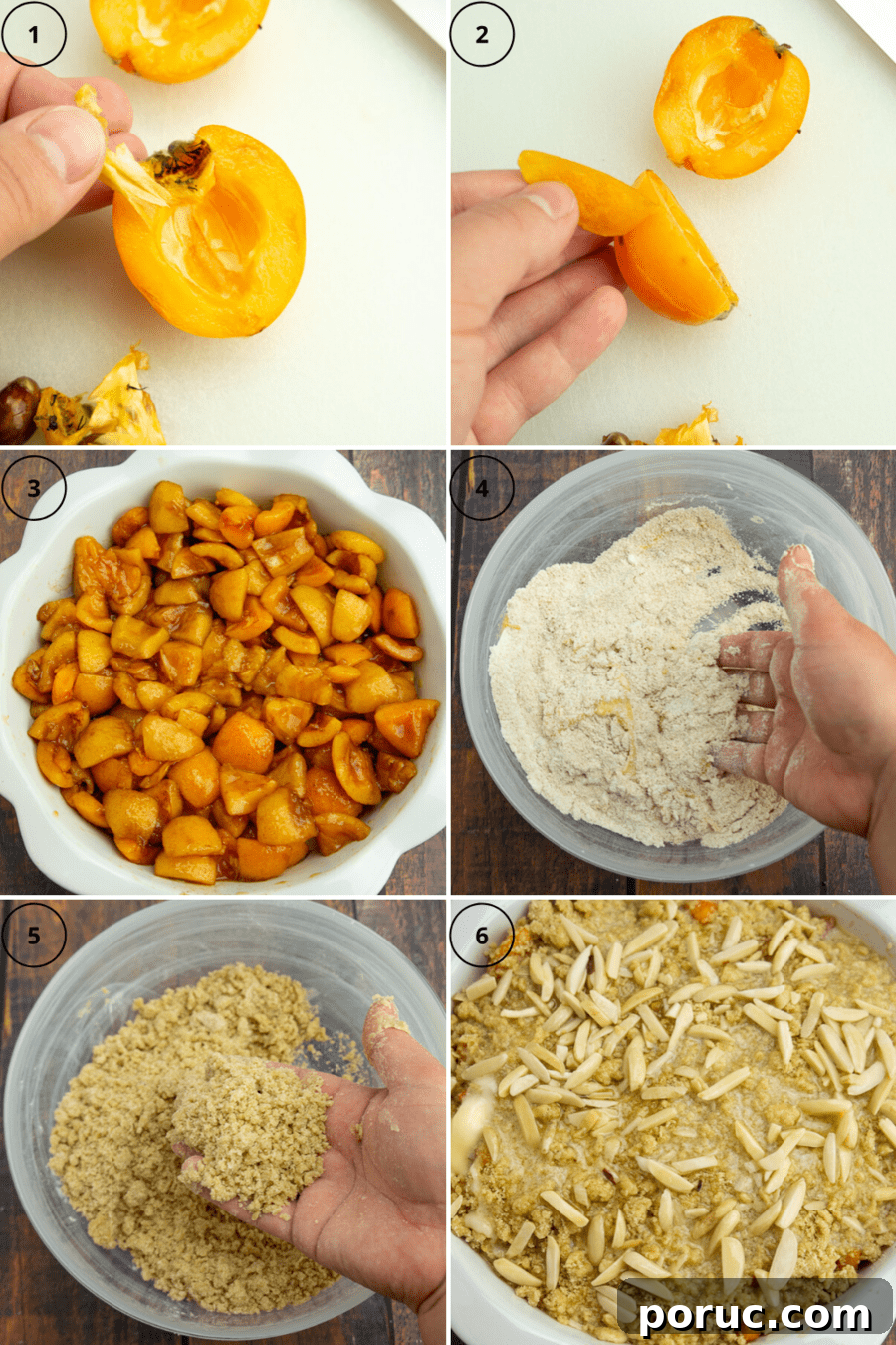Warm Loquat Cobbler Recipe with Sweet Biscuit Topping 4 process photos showing prepping loquats, mixing filling and topping, and assembling the cobbler