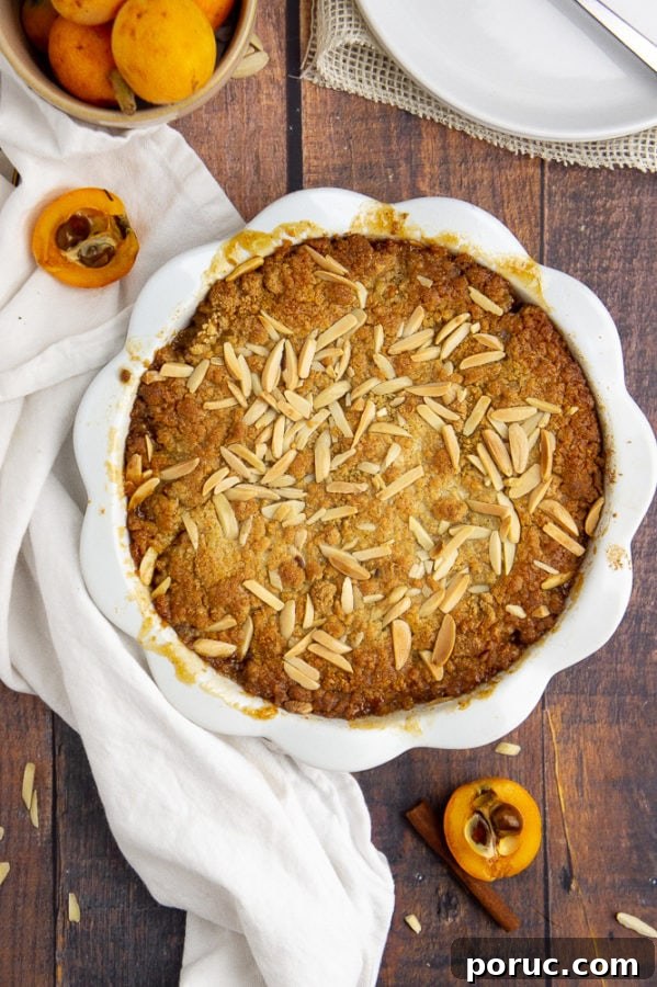 Warm Loquat Cobbler Recipe with Sweet Biscuit Topping 5 a white pie plate with loquat cobbler baked in it on a wooden table with a white dish towel and sliced raw loquats