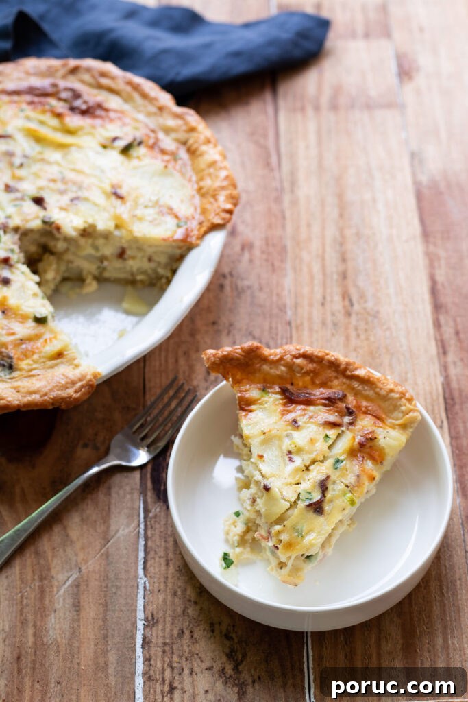 Potato, Bacon & Green Onion Quiche Recipe for Brunch 2 A hearty quiche made up of sliced potatoes, crispy pieces of bacon, green onion and a delicious cheesy sauce.
