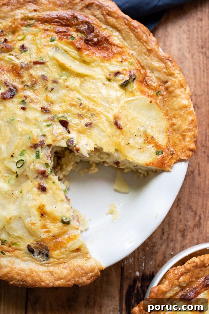 Potato, Bacon & Green Onion Quiche Recipe for Brunch 3 A hearty quiche made up of sliced potatoes, crispy pieces of bacon, green onion and a delicious cheesy sauce.