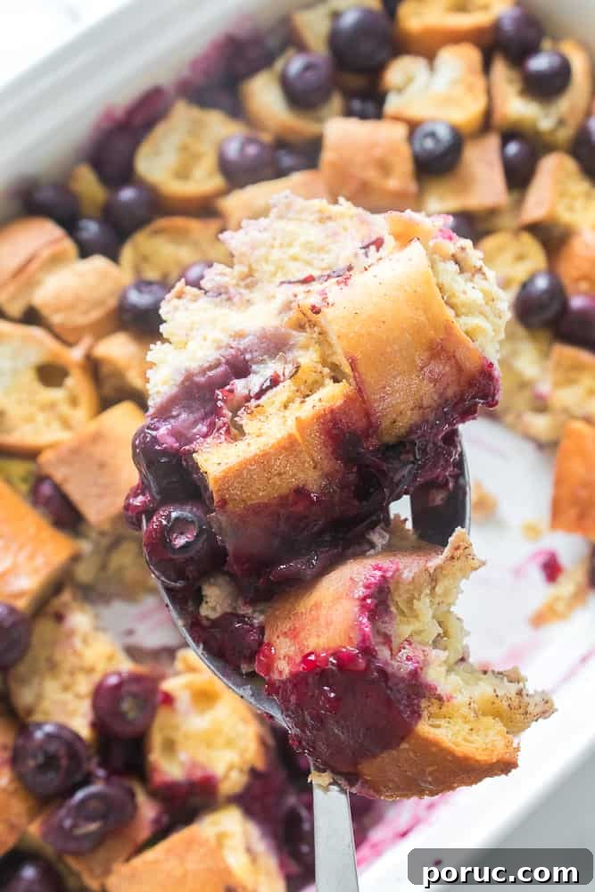 Blueberry French Toast Casserole Recipe for Brunch or Holidays 3 close up of blueberry French toast casserole on a fork