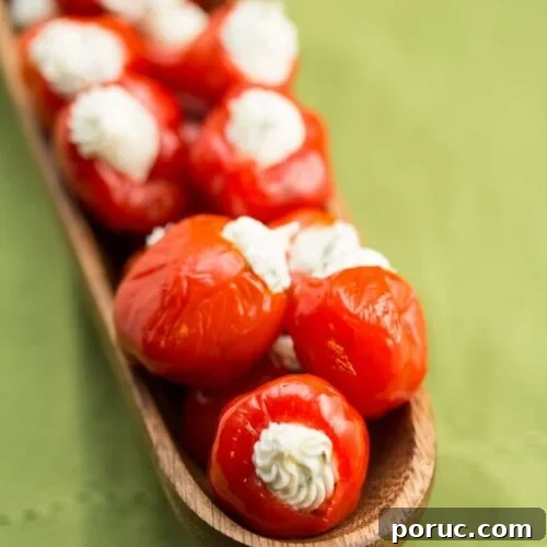 Garlic Herb Goat Cheese-Stuffed Peppadews Recipe 5 Platter or Garlicky Goat Cheese + Herb Stuffed Peppadews.