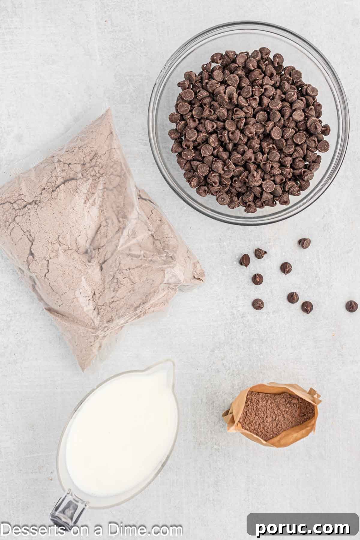 Decadent Chocolate Dump Cake Recipe for Quick Desserts 3 Ingredients for recipe - cake mix, pudding, milk, chocolate chips.