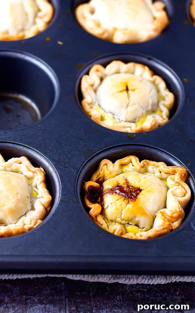 Mini Steak and Ale Hand Pies: Savory Individual Meat Pies 7 mini beef hand pies in a muffin tin