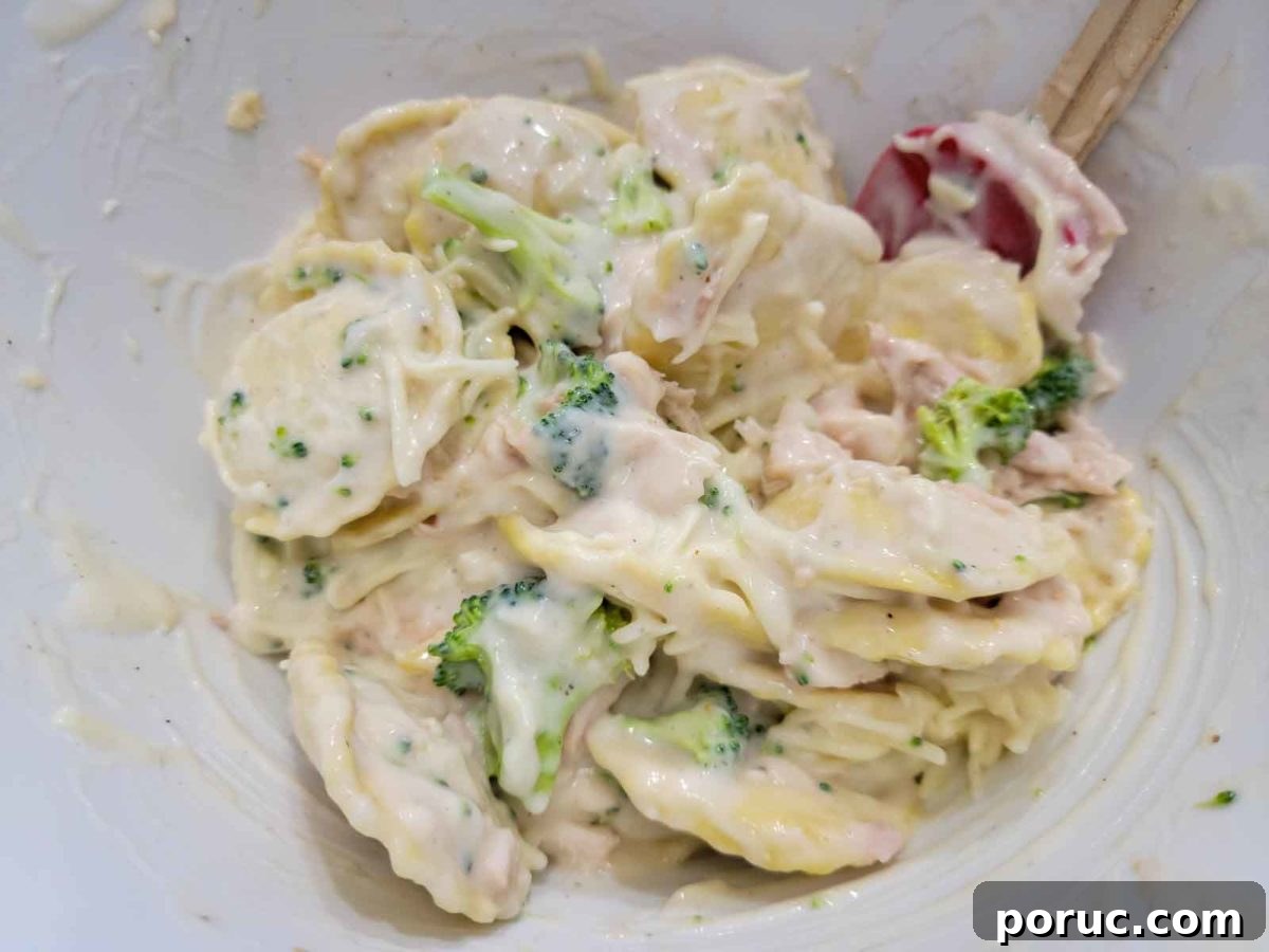 Creamy Chicken Ravioli Alfredo Recipe for Quick Weeknight Dinner 4 ravioli, shredded chicken, broccoli, Alfredo sauce, and heavy cream in a large bowl.