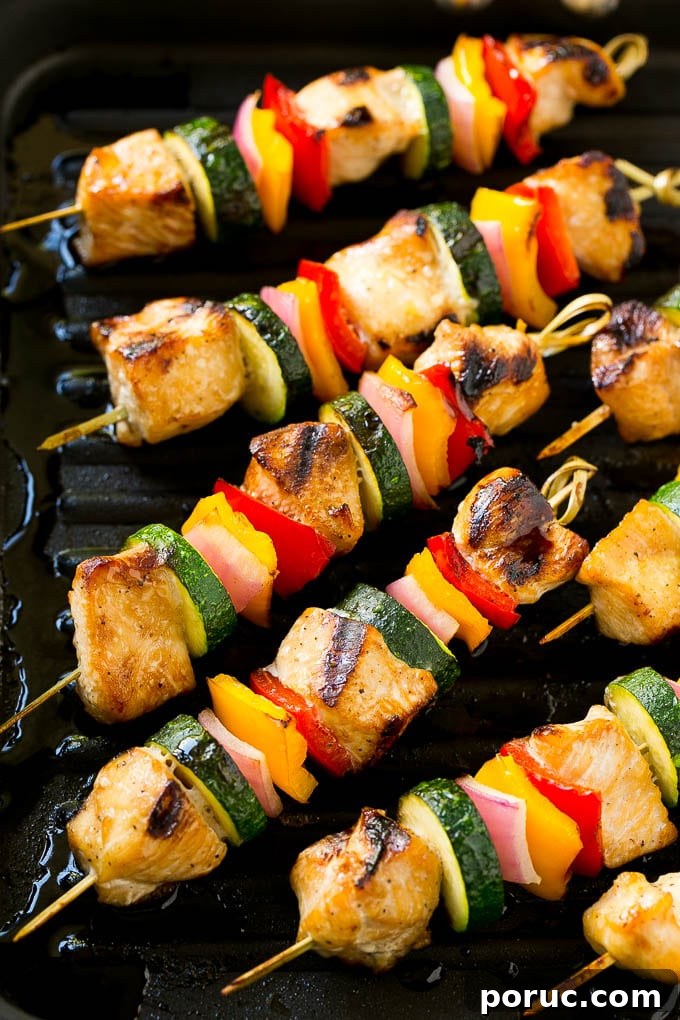 Cooked Grilled Chicken Kabobs Cooked grilled chicken kabobs on a grill pan.