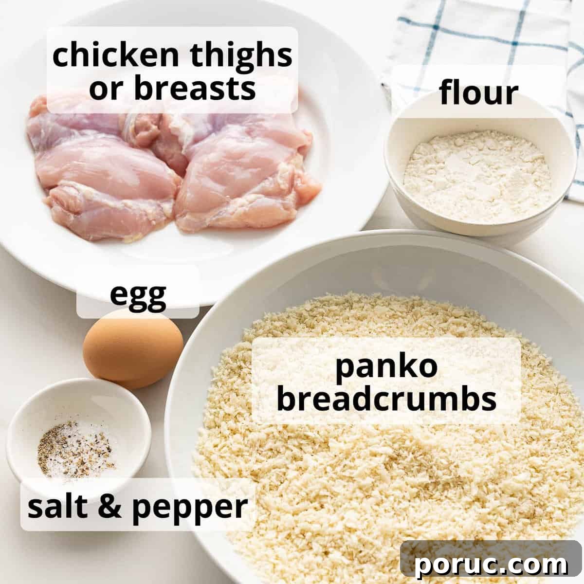 Ingredients for chicken katsu including panko breadcrumbs, chicken, flour, and egg.