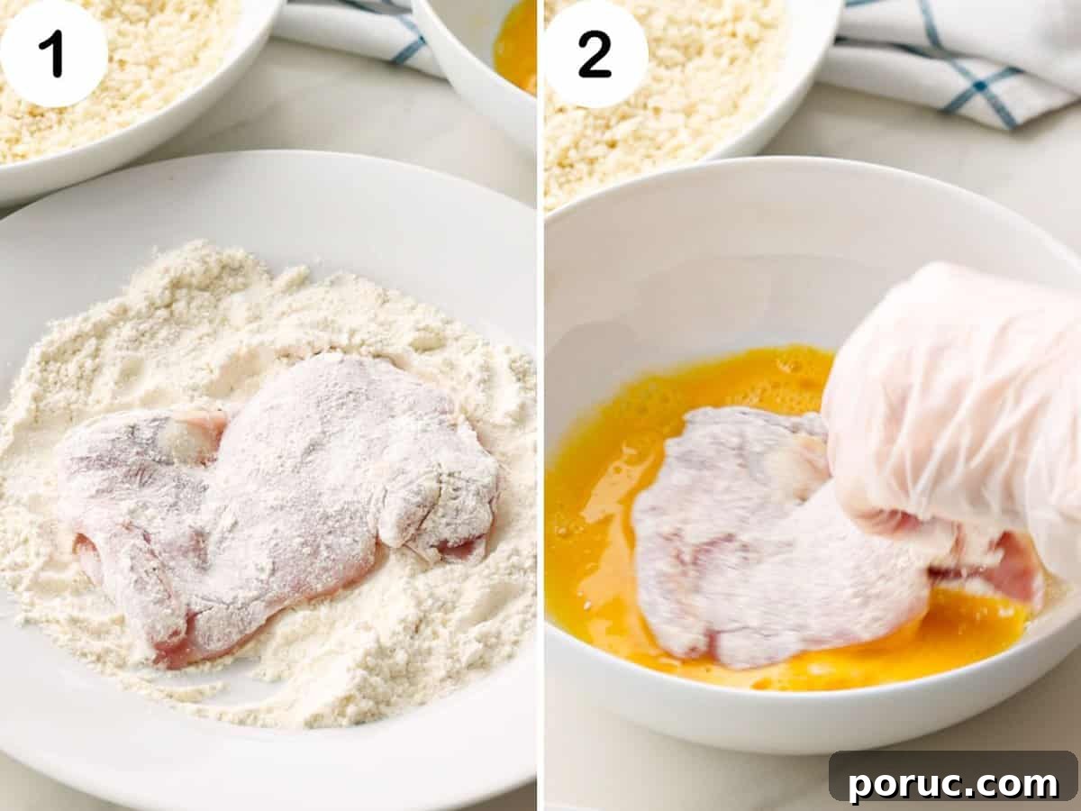 Chicken coated with flour and beaten eggs.