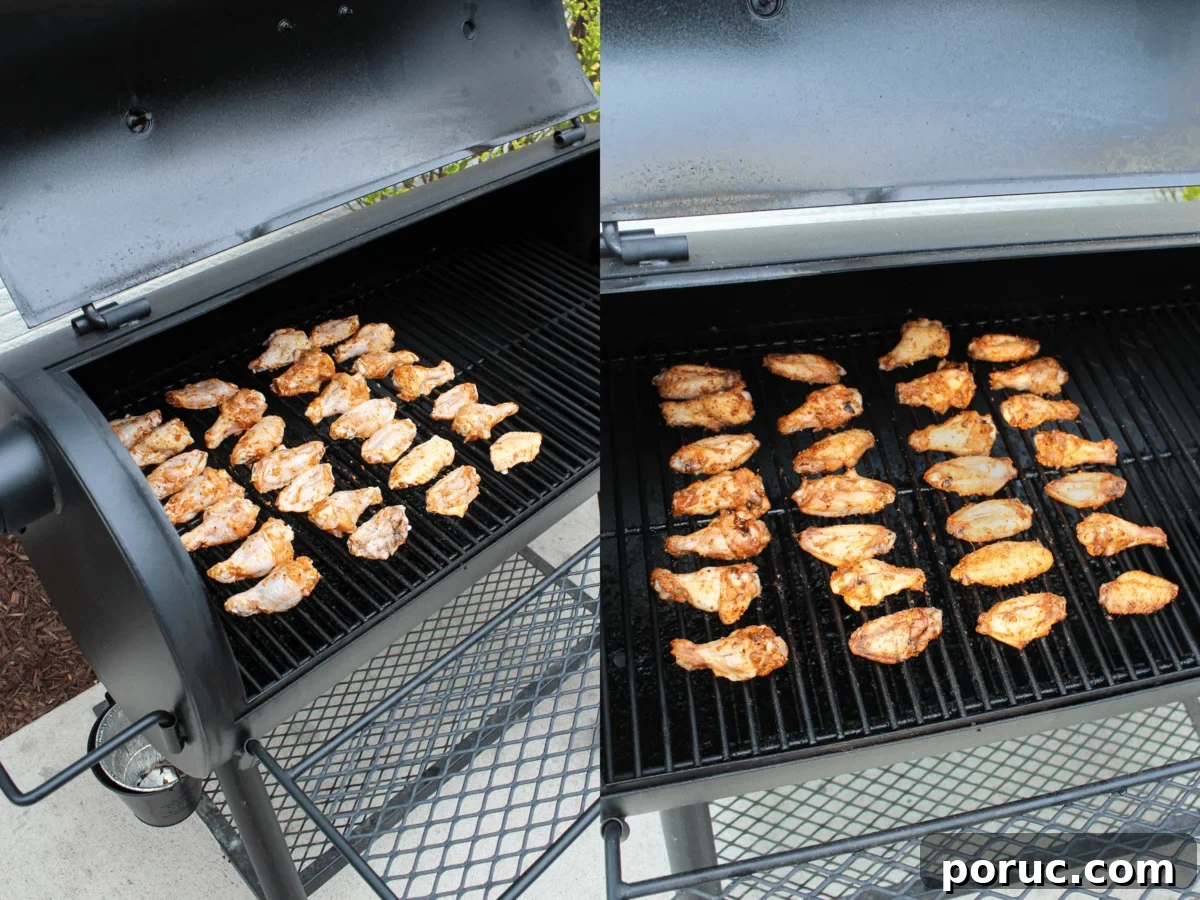 Crispy Baked Peach-Glazed Chicken Wings 6 The raw and smoked chicken wings on the smoker.