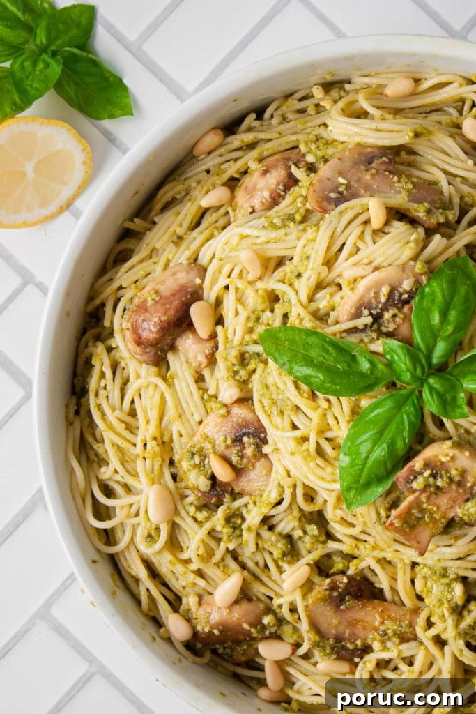 One-Pot Mushroom Pesto Pasta with 4 Ingredients 2 close up of mushroom pesto pasta