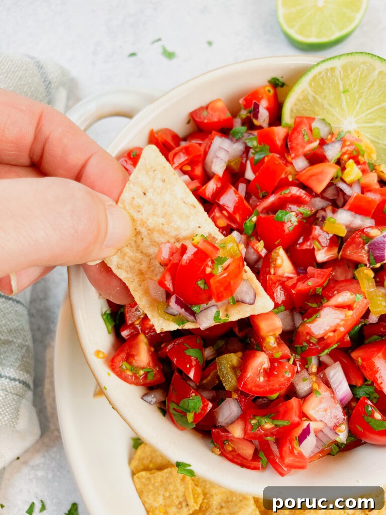Mild Pico de Gallo Recipe: Fresh Tomato Salsa for Any Meal 2 mild pico de gallo on a tortilla chip