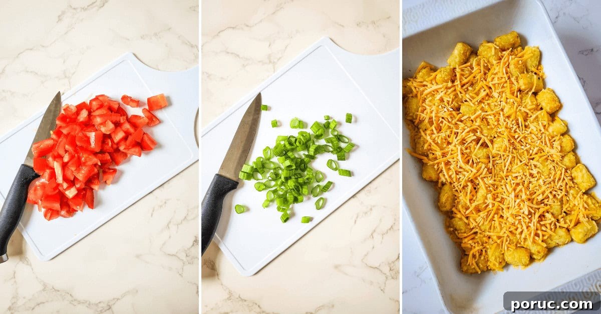 Cheesy Bacon Loaded Tater Tots Recipe 5 Four pictures demonstrating how to make loaded tater tots.