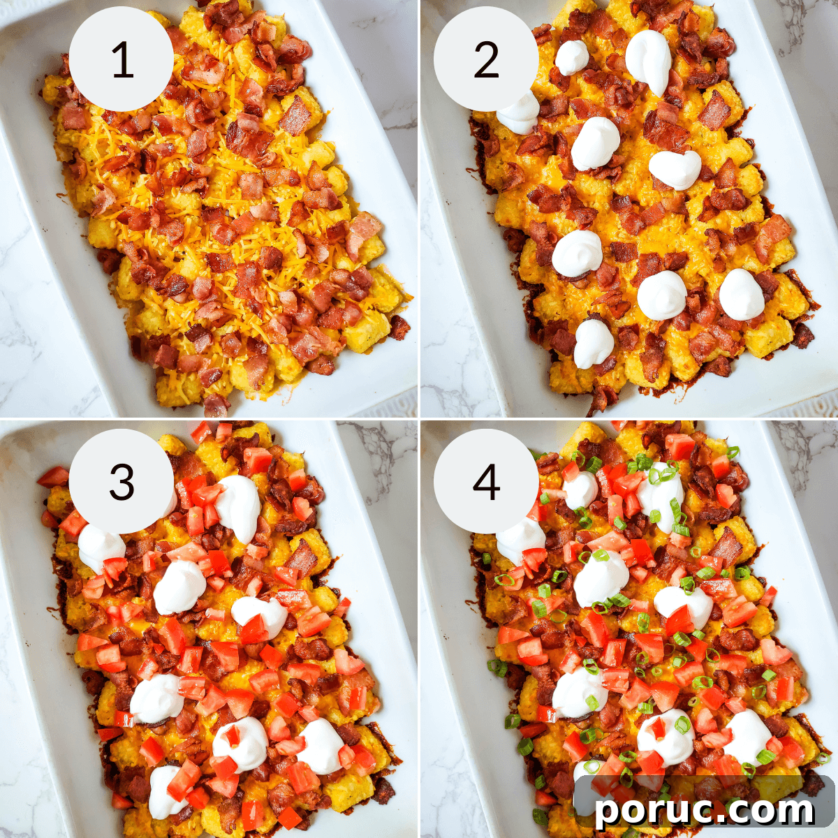 Cheesy Bacon Loaded Tater Tots Recipe 6 Four pictures demonstrating the process of making a casserole with bacon, tomatoes, and sour cream, inspired by loaded tater tots.