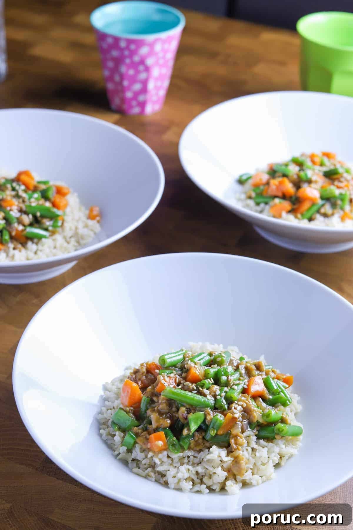 Chinese-Style Green Beans with Crispy Tempeh (Vegan Recipe) 7 photo of 3 bowls of vegan chinese green beans and tempeh adapted for children (with carrot)