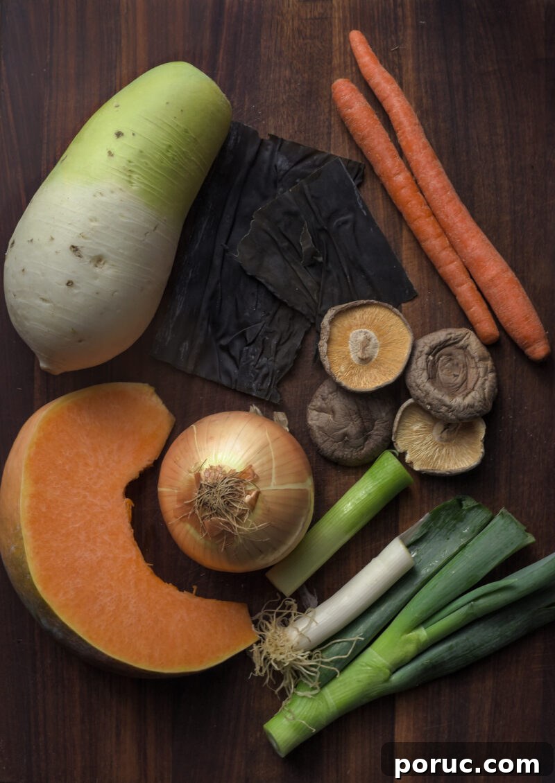 5 Essential Korean Soup Stocks for Authentic Korean Cooking 14 Various vegetables, mushroom and dried sea kelp are gathered and displayed together.