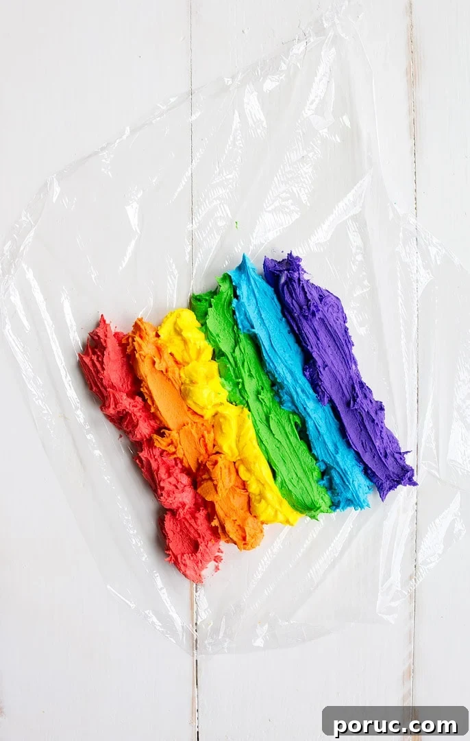 Rainbow Cookies with rainbow swirl buttercream frosting and a white Royal Icing base